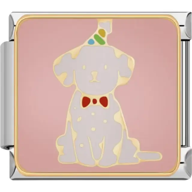 White dog wearing a colorful party hat and red bowtie on a pink background Italian charm bracelet link