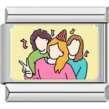 Three friends posing together, one wearing a party hat with confetti on a yellow background Italian charm bracelet link