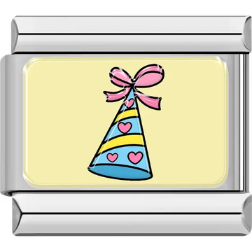 Blue party hat with pink hearts and a pink bow on a yellow background Italian charm bracelet link