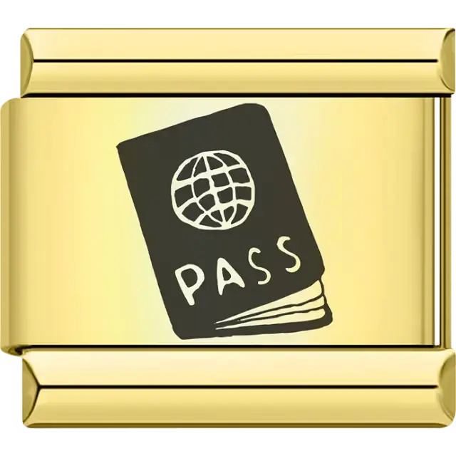 Italian charm link featuring a black passport icon with a globe symbol and the word 'PASS' written on the cover.