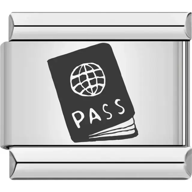 Italian charm link featuring a black passport icon with a globe symbol and the word 'PASS' written on the cover.
