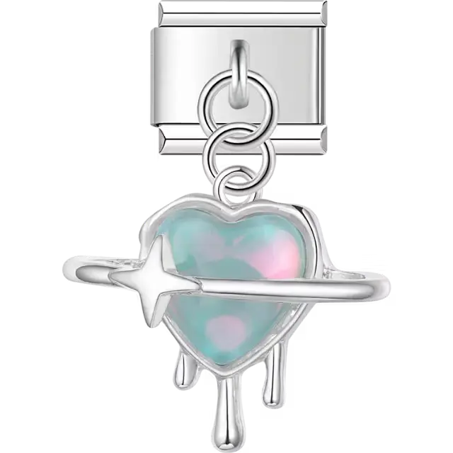 Iridescent pastel heart with star design dangle Italian charm bracelet link