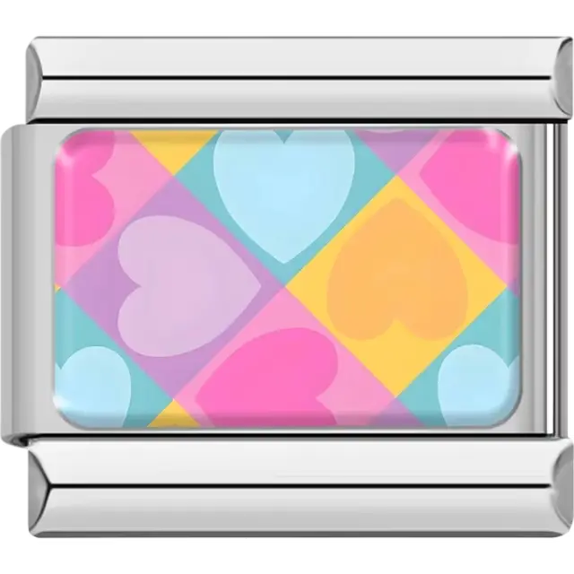 Checkerboard pattern with pastel pink blue purple and yellow hearts Italian charm bracelet link