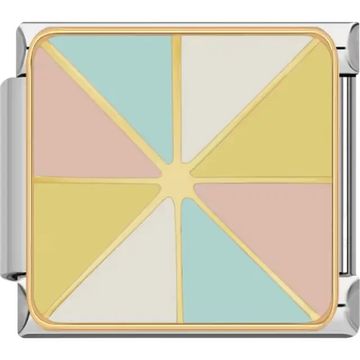 Soft pastel pinwheel design in pink, yellow, blue, and cream with gold outlines Italian charm bracelet link