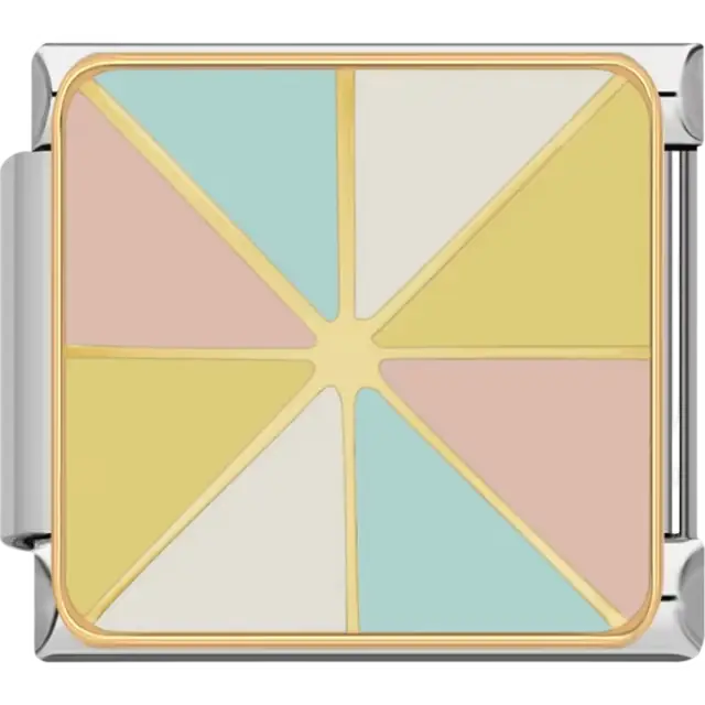 Soft pastel pinwheel design in pink, yellow, blue, and cream with gold outlines Italian charm bracelet link