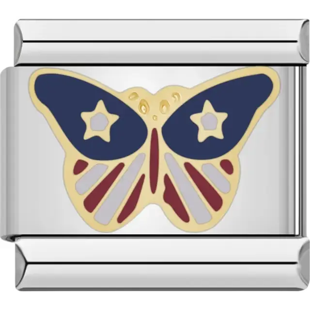 Gold butterfly with blue and red wings featuring star details Italian charm bracelet link