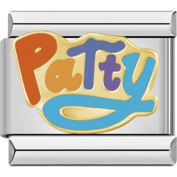 Multicolor "Patty" text in red, purple, and blue with a gold outline Italian charm bracelet link
