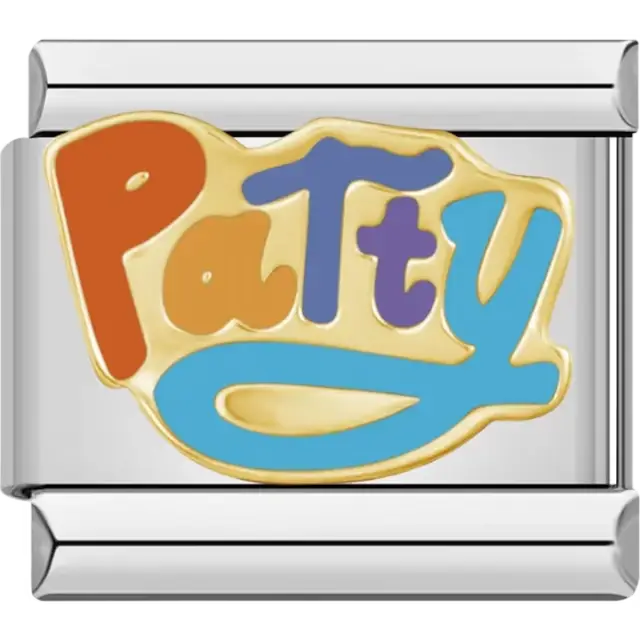 Multicolor "Patty" text in red, purple, and blue with a gold outline Italian charm bracelet link