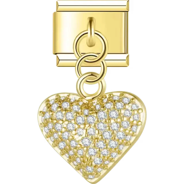 Heart-shaped dangle charm adorned with pavé crystal accents Italian charm bracelet link