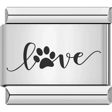 "Love" text with a paw print replacing the "o" Italian charm bracelet link