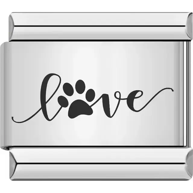 "Love" text with a paw print replacing the "o" Italian charm bracelet link