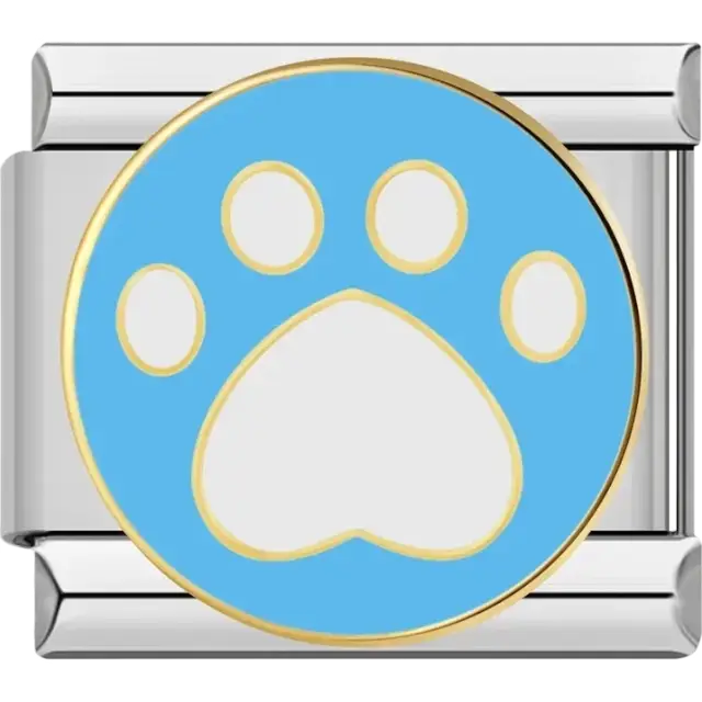 White paw print on blue circular background Italian charm bracelet link