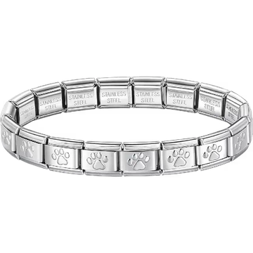 Paw print charms composing stainless steel Italian bracelet