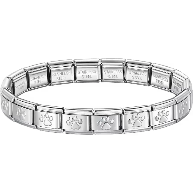 Paw print charms composing stainless steel Italian bracelet