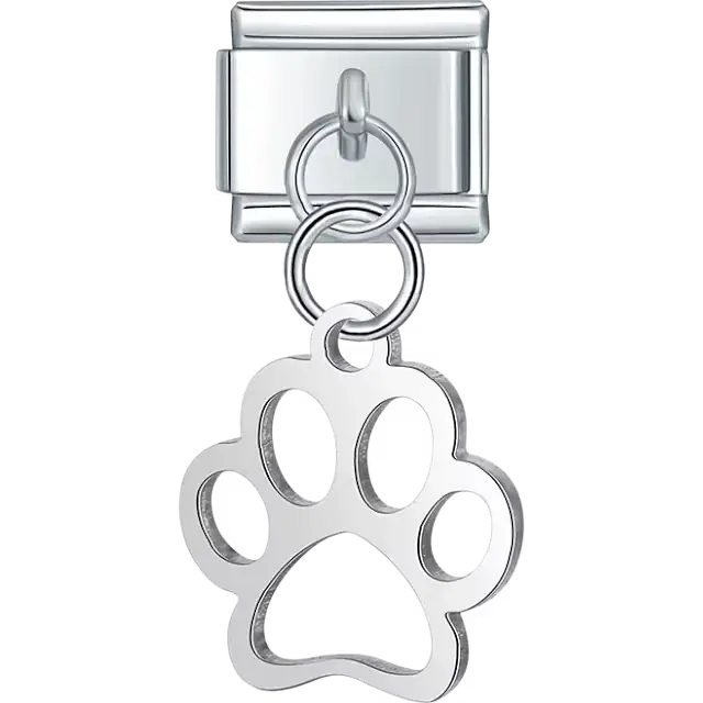 Silver dog paw print cutout dangle Italian charm bracelet link