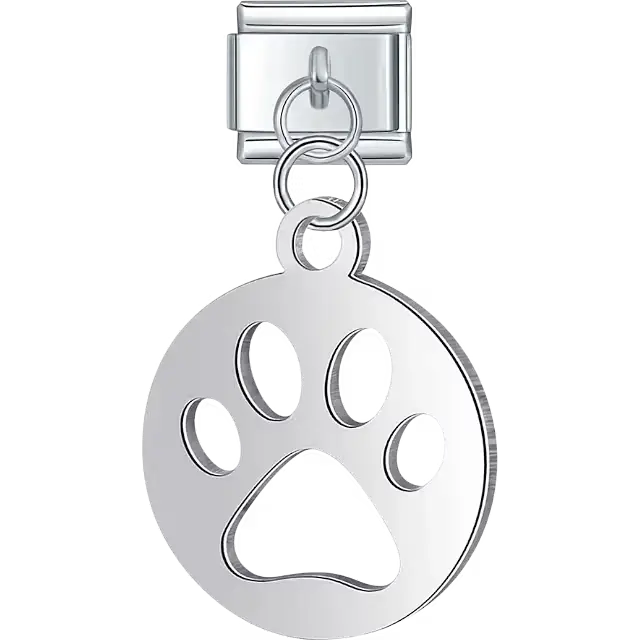 Silver paw print cutout circle dangle Italian charm bracelet link