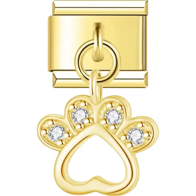 Dangling paw print with heart outline and crystal accents Italian charm bracelet link