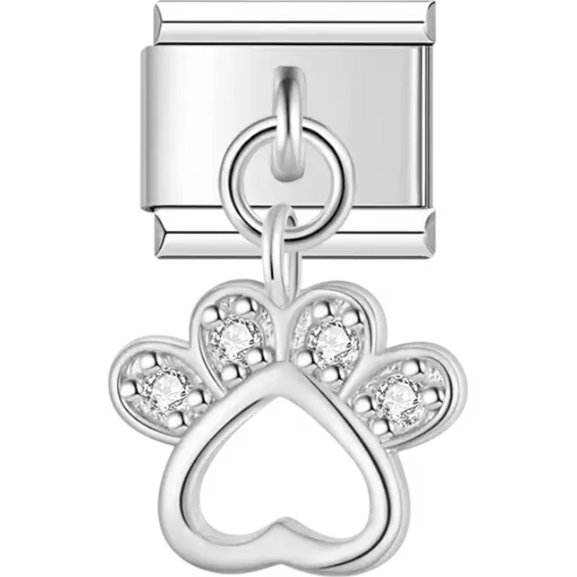 Dangling paw print with heart outline and crystal accents Italian charm bracelet link