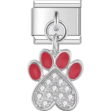Red paw print with heart-shaped clear gemstones dangle Italian charm bracelet link