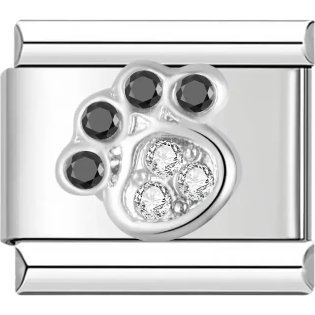 Silver paw print design featuring black and clear crystals Italian charm bracelet link