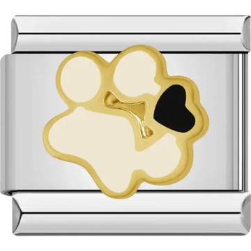 Golden pawprint with a black heart and bone detail Italian charm bracelet link