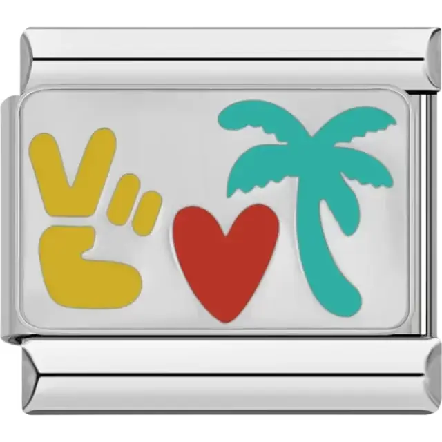 Yellow peace hand sign, red heart, and teal palm tree Italian charm bracelet link