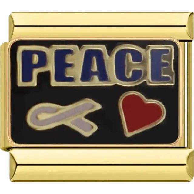 “PEACE” text with a pink ribbon and red heart Italian charm bracelet link