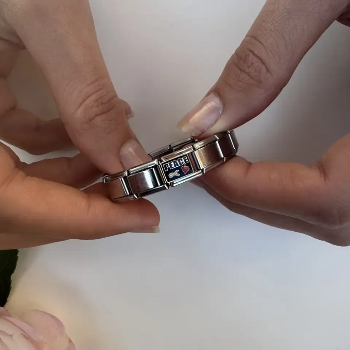 “PEACE” text with a pink ribbon and red heart Italian charm bracelet link