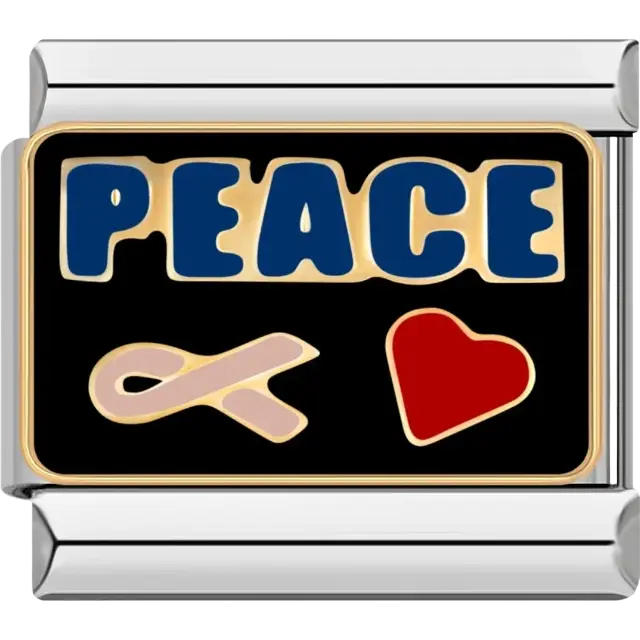 “PEACE” text with a pink ribbon and red heart Italian charm bracelet link