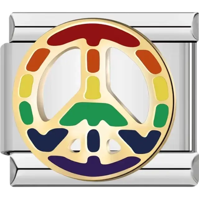 Gold peace sign with red orange yellow green blue and purple details Italian charm bracelet link