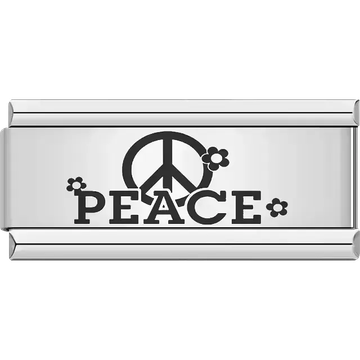 Black peace symbol with flowers and "Peace" text Italian charm bracelet link