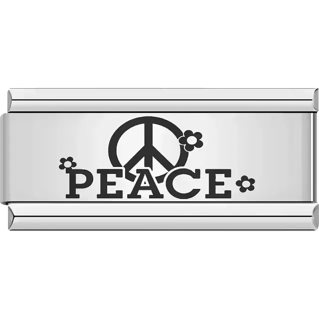 Black peace symbol with flowers and "Peace" text Italian charm bracelet link