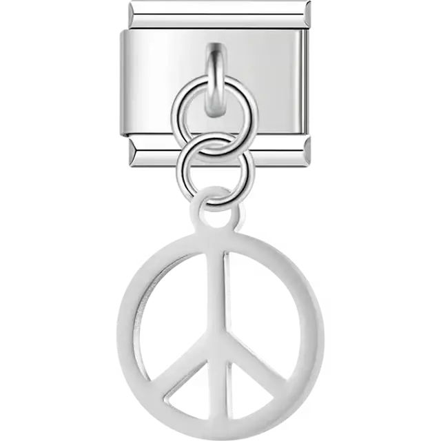 Hollow round peace symbol with dangling piece Italian charm bracelet link