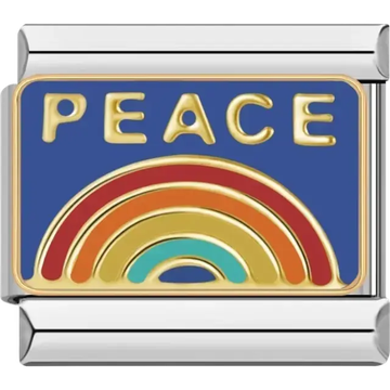 Gold "PEACE" text with red orange yellow and blue rainbow on a blue background Italian charm bracelet link