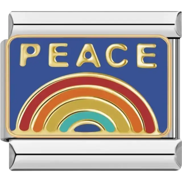 Gold "PEACE" text with red orange yellow and blue rainbow on a blue background Italian charm bracelet link