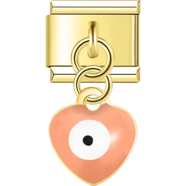 Dangle peach heart evil eye with white center Italian charm bracelet link