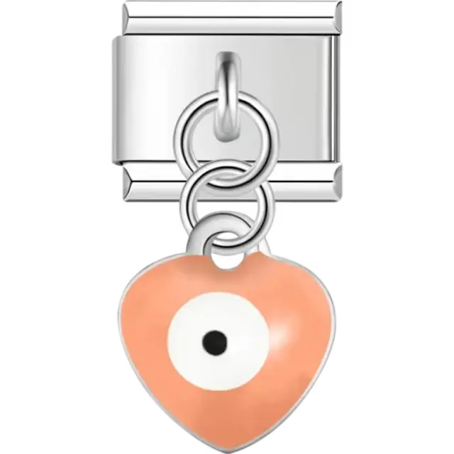 Dangle peach heart evil eye with white center Italian charm bracelet link
