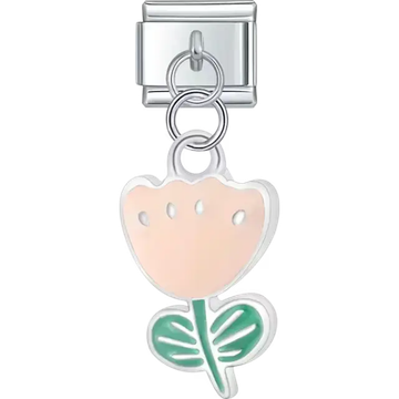Peach tulip pendant with green leaves and silver outlining Italian charm bracelet link