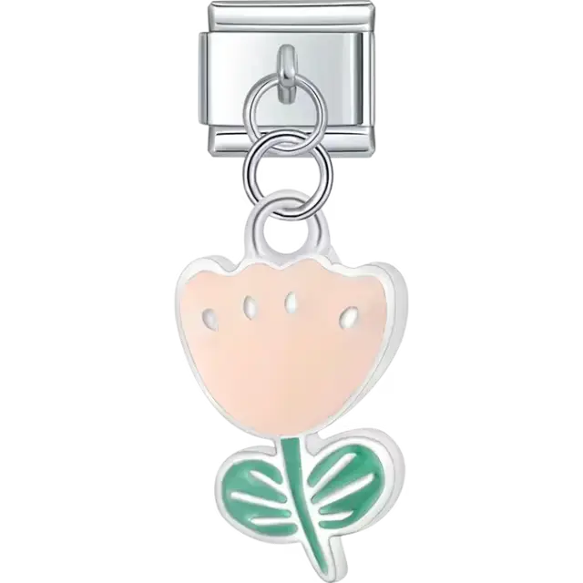 Peach tulip pendant with green leaves and silver outlining Italian charm bracelet link