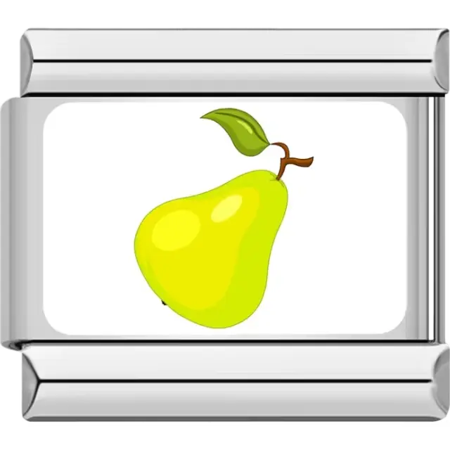 Yellow pear with a green leaf and brown stem on a white background Italian charm bracelet link