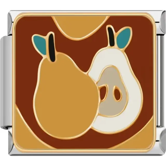 Whole and sliced pear with green leaves and brown accents on a rich brown background Italian charm bracelet link