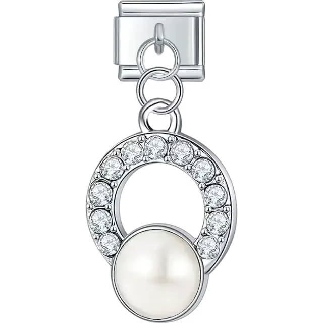 White pearl pendant with a crystal-studded silver hoop Italian charm bracelet link