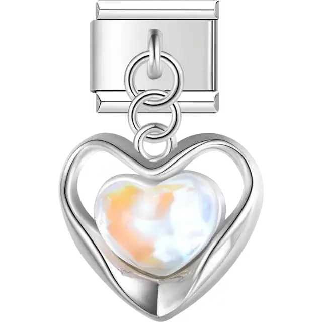 Textured heart with pearl heart center dangle Italian charm bracelet link