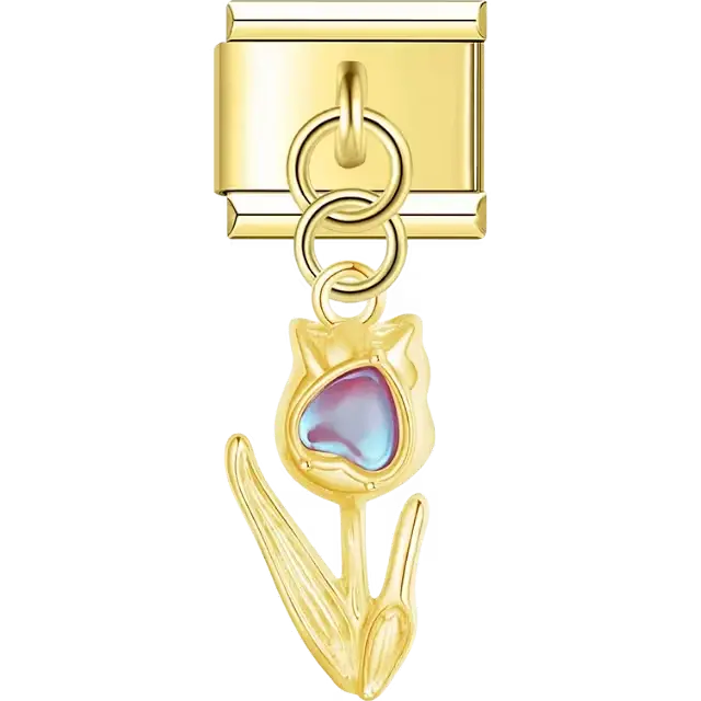 Tulip with pearl heart center dangle Italian charm bracelet link