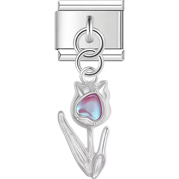 Tulip with pearl heart center dangle Italian charm bracelet link