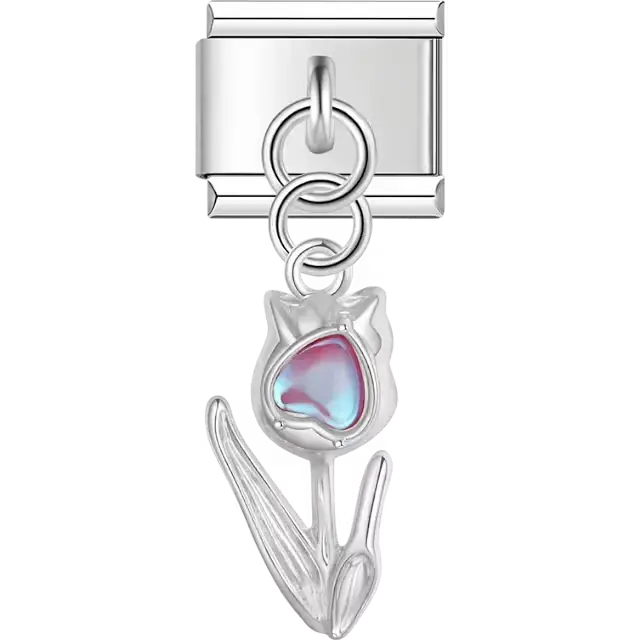 Tulip with pearl heart center dangle Italian charm bracelet link