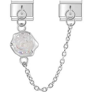 White pearl rose flower with safety chain Italian charm bracelet link
