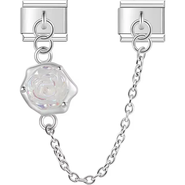 White pearl rose flower with safety chain Italian charm bracelet link