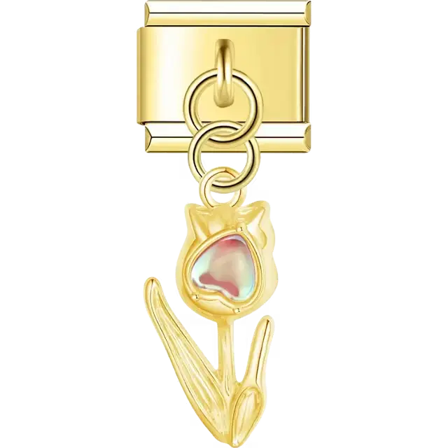 Tulip with pearl center dangle Italian charm bracelet link