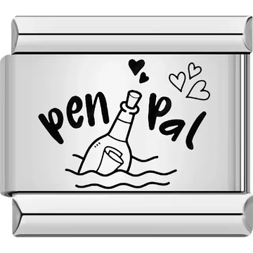 Message in a bottle with "Pen Pal" text and heart accents Italian charm bracelet link